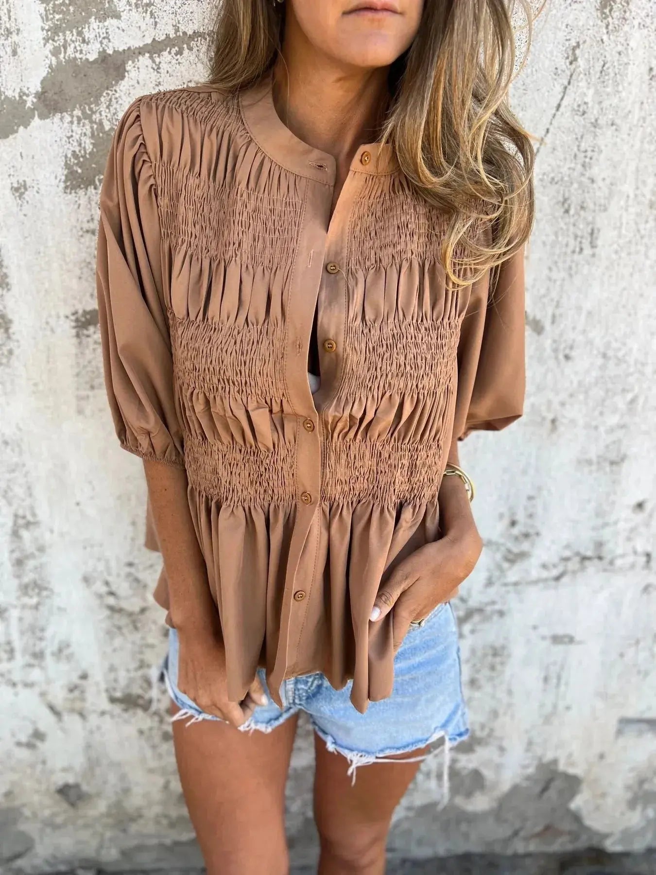 Full Size Red Smocked Button Puff Sleeve Blouse – Plus Size