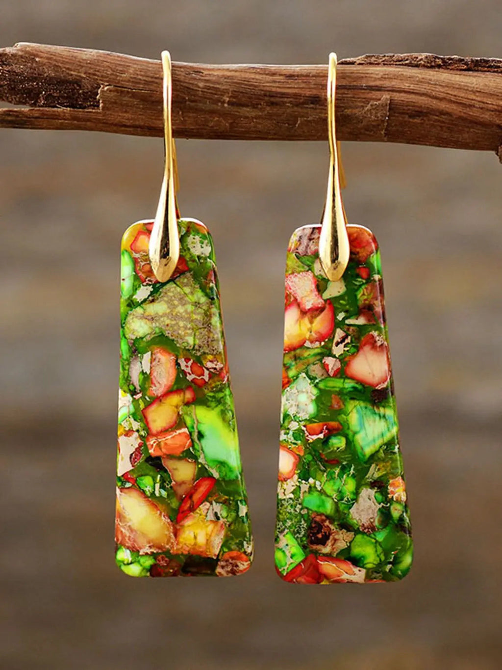 Geometric Imperial Jasper Dangle Earrings - Boho Gold Hooks
