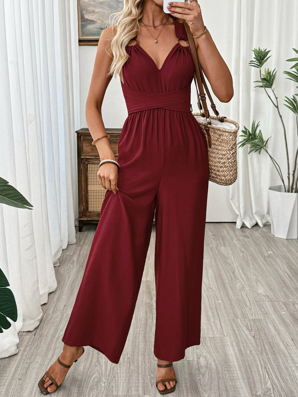 V Neck Sleeveless Wide Leg Jumpsuit