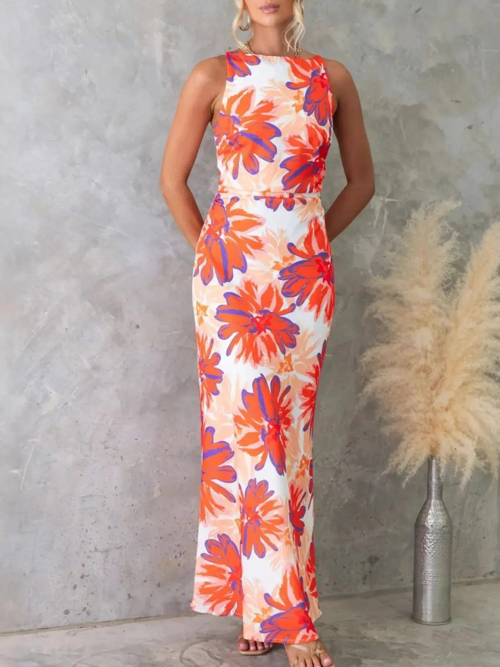 Printed Backless Sleeveless Maxi Dress