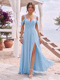 A-Line/Princess Cold Shoulder Short Sleeves Split Side Ruched Floor-Length Chiffon Bridesmaid Dresses