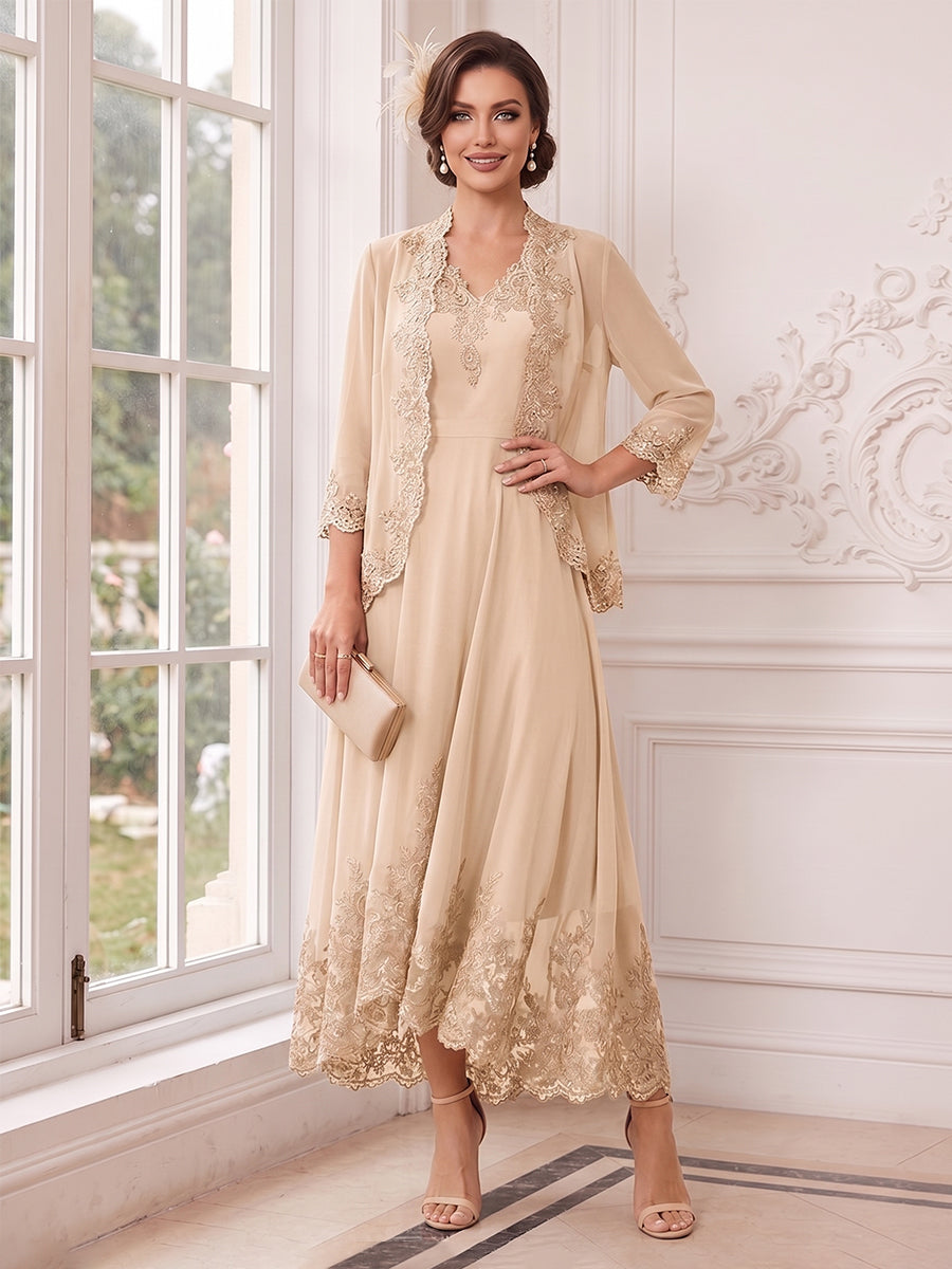 A-Line/Princess V-Neck 3/4 Sleeves Ankle-Length Mother of the Bride Dresses with Jacket & Applique