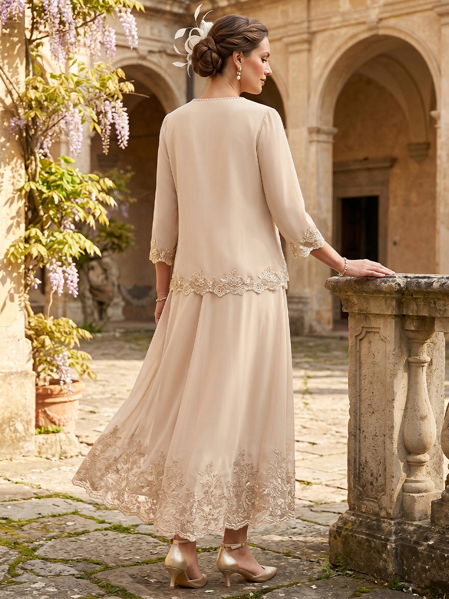 A-Line/Princess V-Neck 3/4 Sleeves Ankle-Length Mother of the Bride Dresses with Jacket & Applique