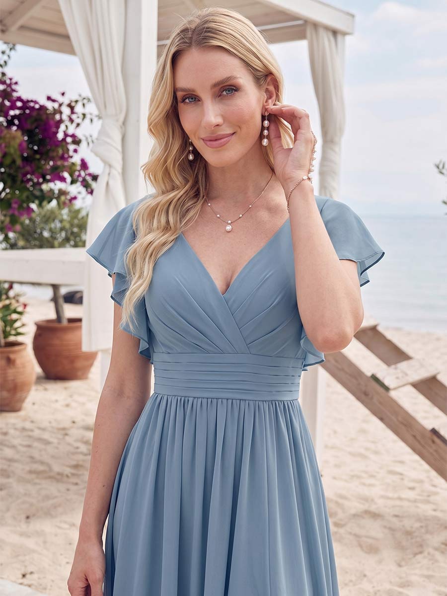 A-Line/Princess V-Neck Sleeveless Floor-Length Bridesmaid Dresses With Split Side & Ruffles