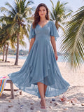 A-Line/Princess V-Neck Half Sleeves Asymmetrical Mother of the Bride Dresses With Ruffles