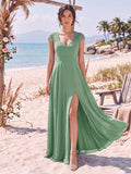A-Line/Princess V-Neck Sleeveless Floor-Length Bridesmaid Dresses With Split Side