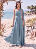 A-Line/Princess One-Shoulder Sleeveless Floor-Length Bridesmaid Dresses With Pleats & Ruffles