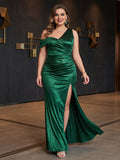 Sheath/Column V-Neck Sleeveless Floor-Length Ruched Satin Plus Size Bridesmaid Dresses with Split Side