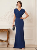 Trumpet/Mermaid V-Neck Short Sleeves Floor-Length Pleated Mother of the Bride Dresses with Rhinestone
