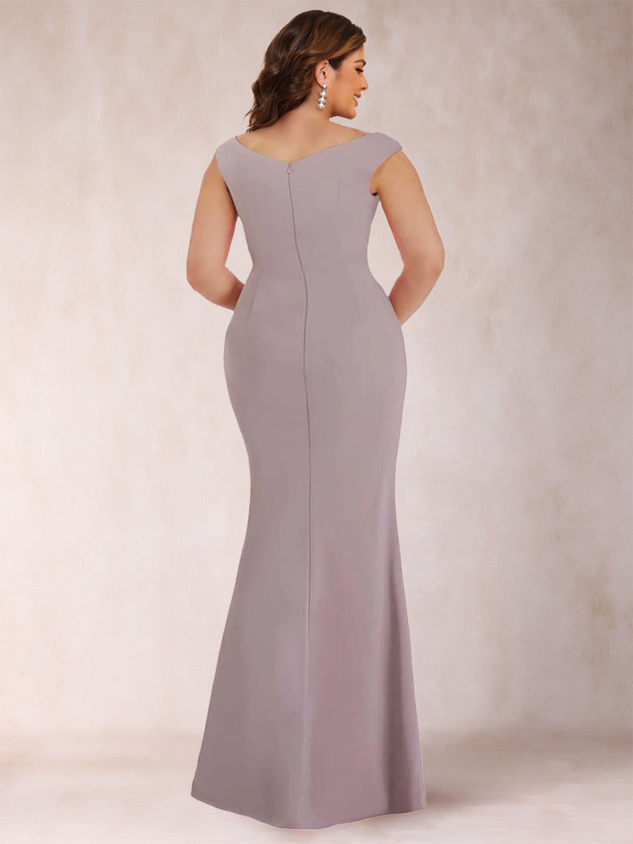 Sheath/Column V-Neck Sleeveless Ruched Plus Size Mother of the Bride Dresses with Split Side & Bow(s)