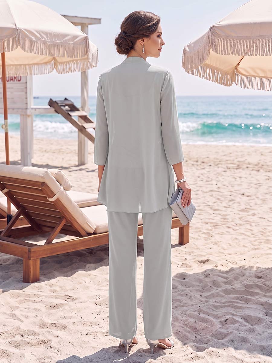 Chiffon Scoop Long Sleeves 3 Pieces Pantsuits Floor-Length with Ruched  & Jacket