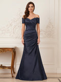 Trumpet/Mermaid Off-the-Shoulder Short Sleeves Sweep Train Mother of the Bride Dresses With Applique