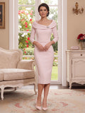 Sheath/Column Scoop Tea-Length 3/4 Sleeves Mother of the Bride Dresses with Crystal & Pleated