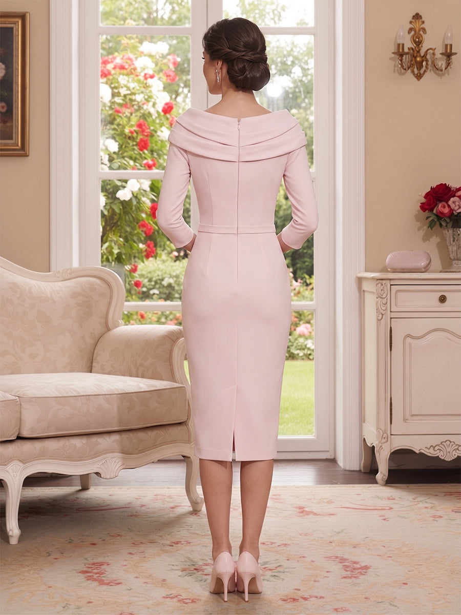 Sheath/Column Scoop Tea-Length 3/4 Sleeves Mother of the Bride Dresses with Crystal & Pleated