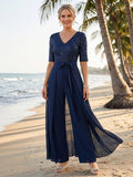 Pantsuits V-Neck Half Sleeves Floor-Length Mother of the Bride with Bow &  Sequin