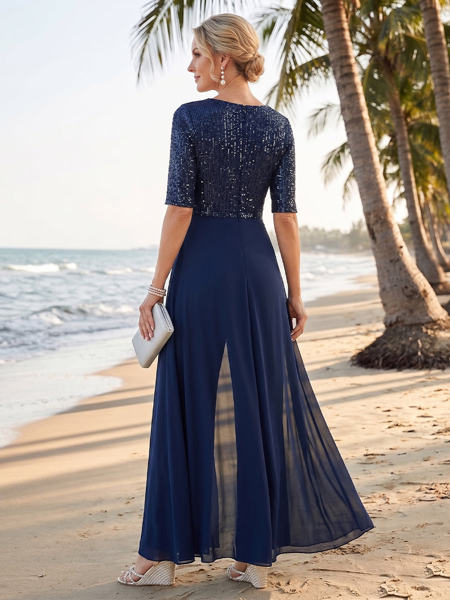 Pantsuits V-Neck Half Sleeves Floor-Length Mother of the Bride with Bow &  Sequin