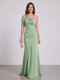 Sheath/Column Asymmetrical One-Shoulder Floor-Length Ruched Long Bridesmaid Dresses With Split Side