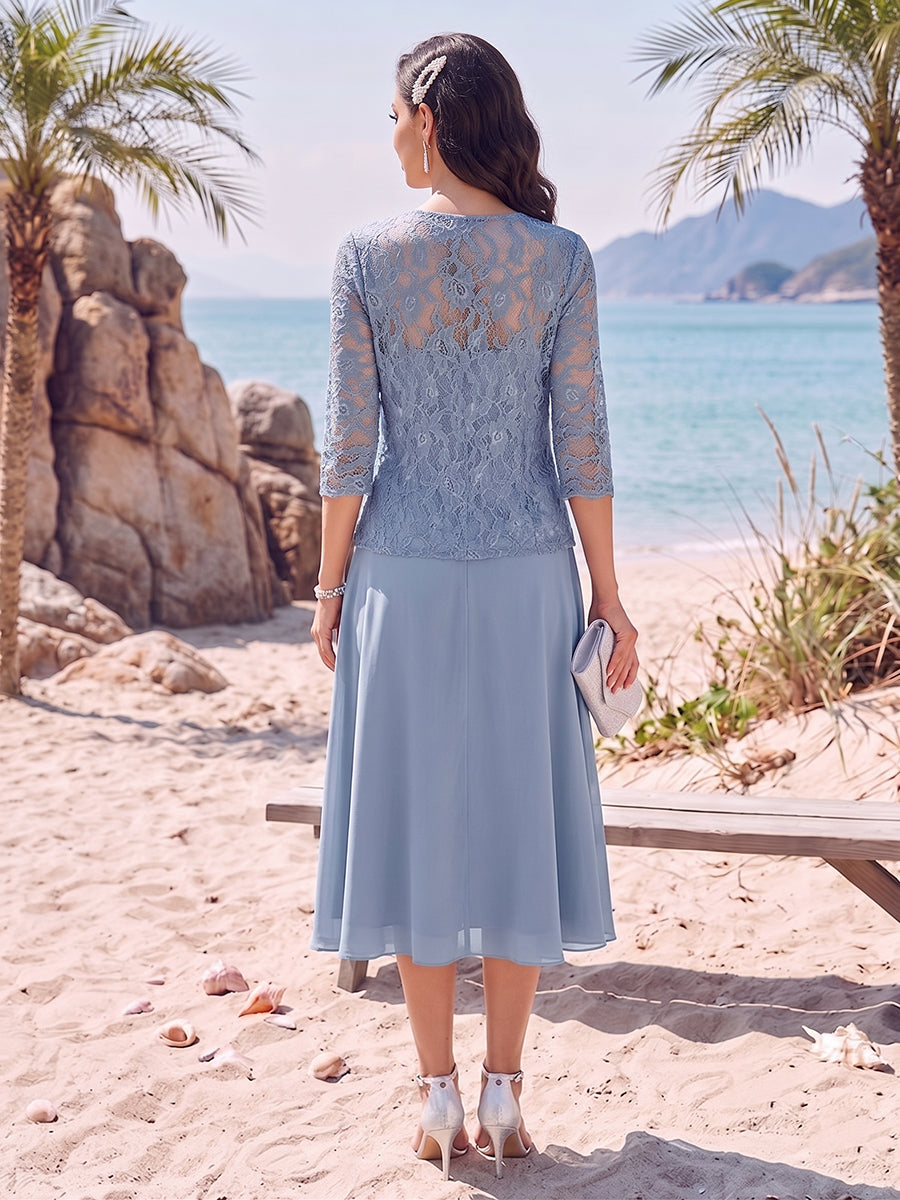 A-Line/Princess Square Neck Tea-Length Mother of the Bride Dresses with Lace Appliques & Jacket