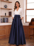 A-Line/Princess Long Sleeves V-Neck Floor Length Mother of the Bride Dresses with Pockets & Bow