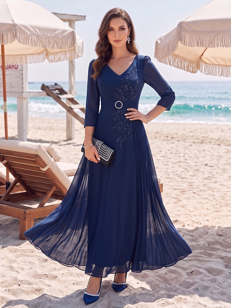 A-Line/Princess 3/4 Sleeves V-Neck Ankle-Length Mother Of The Bride Dresses With Sequins & Sash