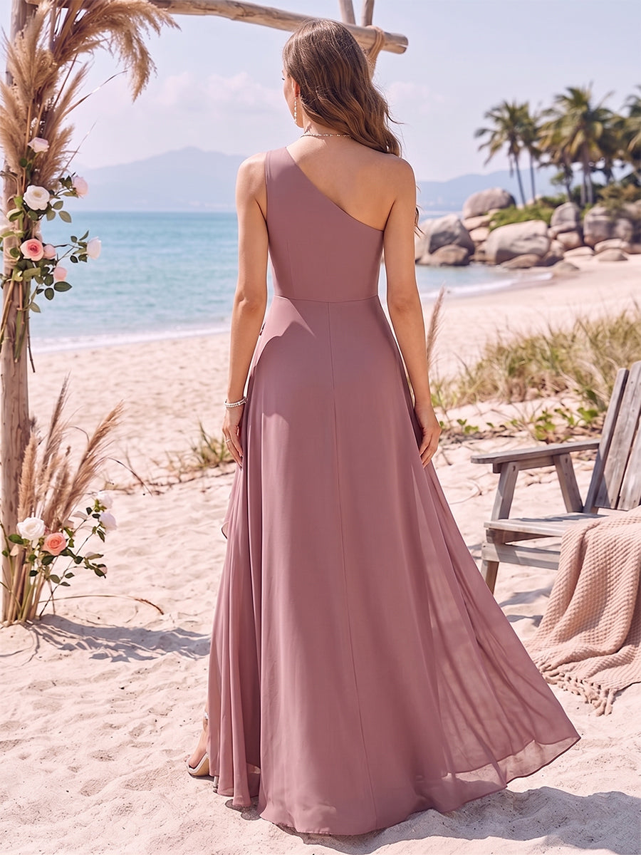A-Line/Princess One-Shoulder Sleeveless Floor-Length Bridesmaid Dresses With Ruffles & Split Side