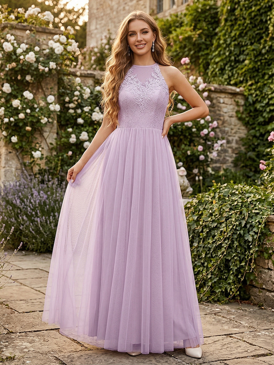 A-Line/Princess Scoop Sleeveless Floor-Length Bridesmaid Dresses With Lace & Applique