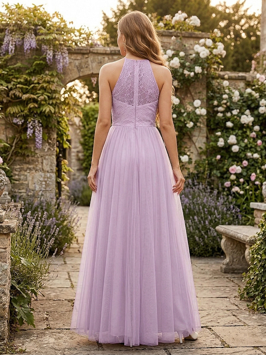 A-Line/Princess Scoop Sleeveless Floor-Length Bridesmaid Dresses With Lace & Applique