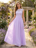 A-Line/Princess Scoop Sleeveless Floor-Length Bridesmaid Dresses With Lace & Applique