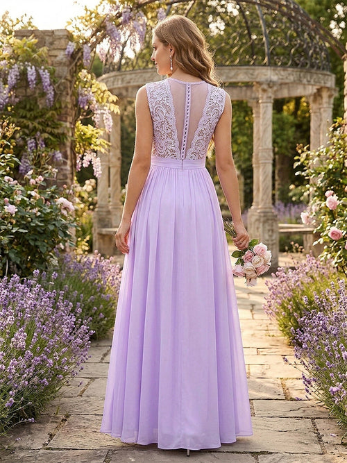 A-Line/Princess Scoop Sleeveless Floor-Length Bridesmaid Dresses With Lace & Applique