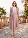 A-Line/Princess Scoop Short Sleeves Tea-Length Plus Size Mother of the Bride with Applique & Lace