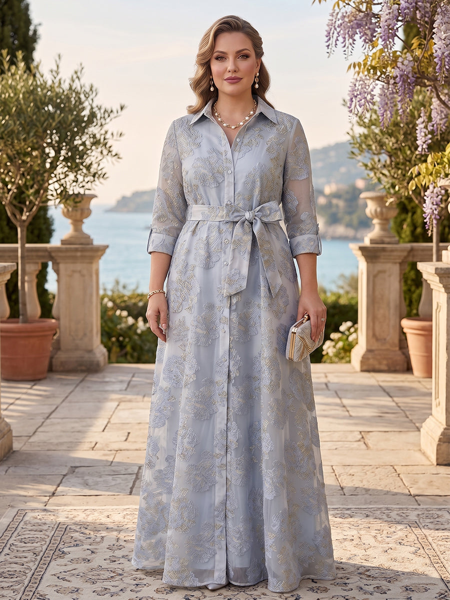 A-Line/Princess Shirt Collar  3/4 Sleeves Plus Size Mother of the Bride Dresses with Split Side & Bowknot