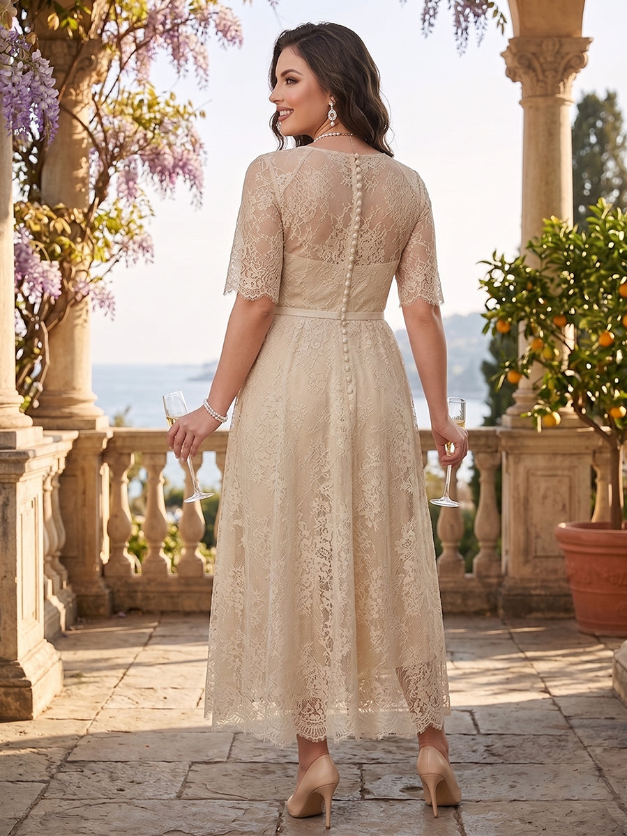 A-Line/Princess Illusion Neck Half Sleeves Tea-Length Plus Size Mother of the Bride Dresses with Applique & Sash