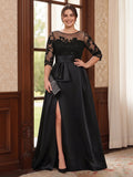A-Line/Princess Scoop 3/4 Sleeves Floor-Length Plus Size Mother of the Bride Dresses with Split Side & Applique