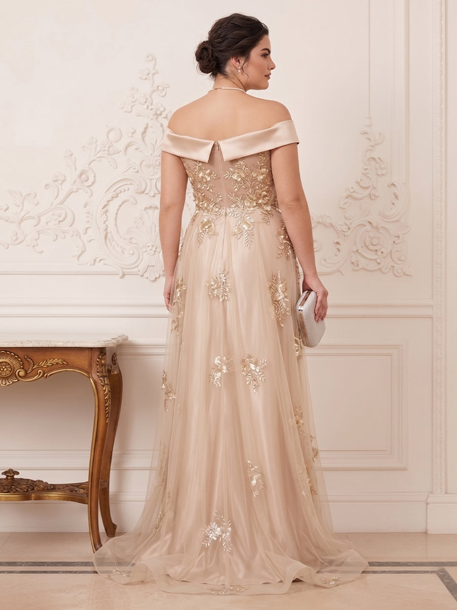 Trumpet/Mermaid Off-the-Shoulder Short Sleeves Floor-Length Plus Size Mother of the Bride Dresses with Applique & 3D Floral