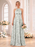 A-Line/Princess Halter Sleeveless Floor-Length Bridesmaid Dresses with Ruched