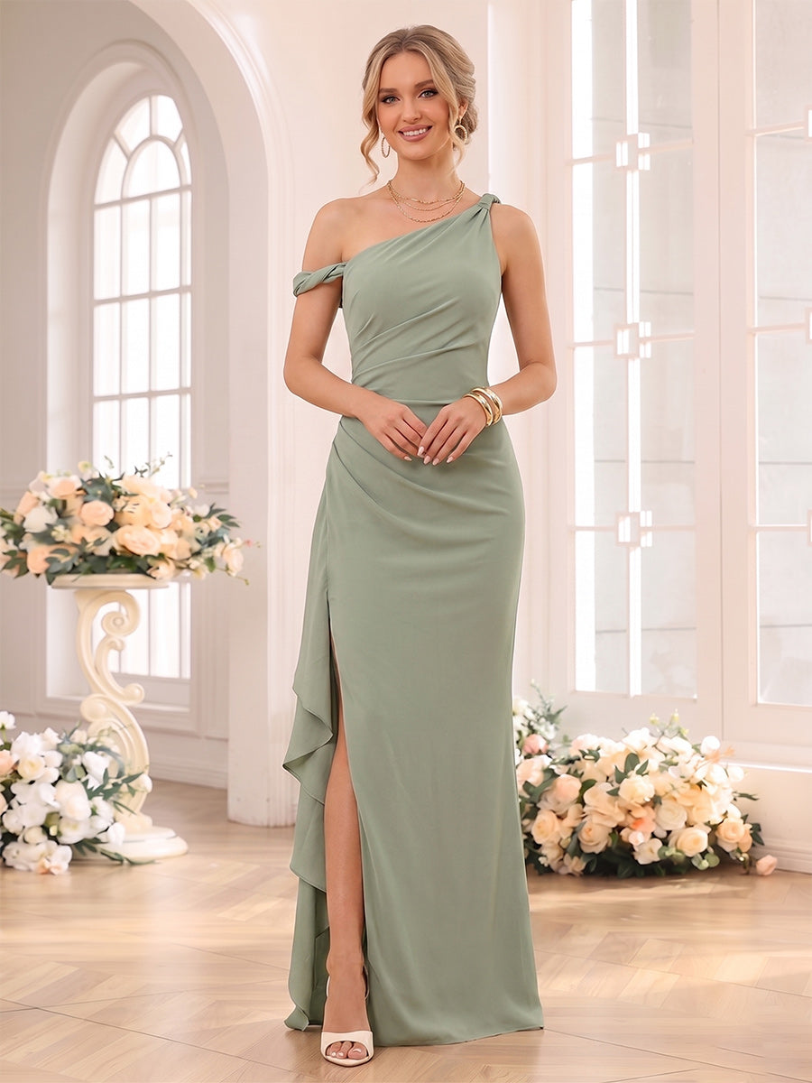 Sheath/Column One-Shoulder Sleeveless Floor-Length Bridesmaid Dresses with Ruched & Ruffles