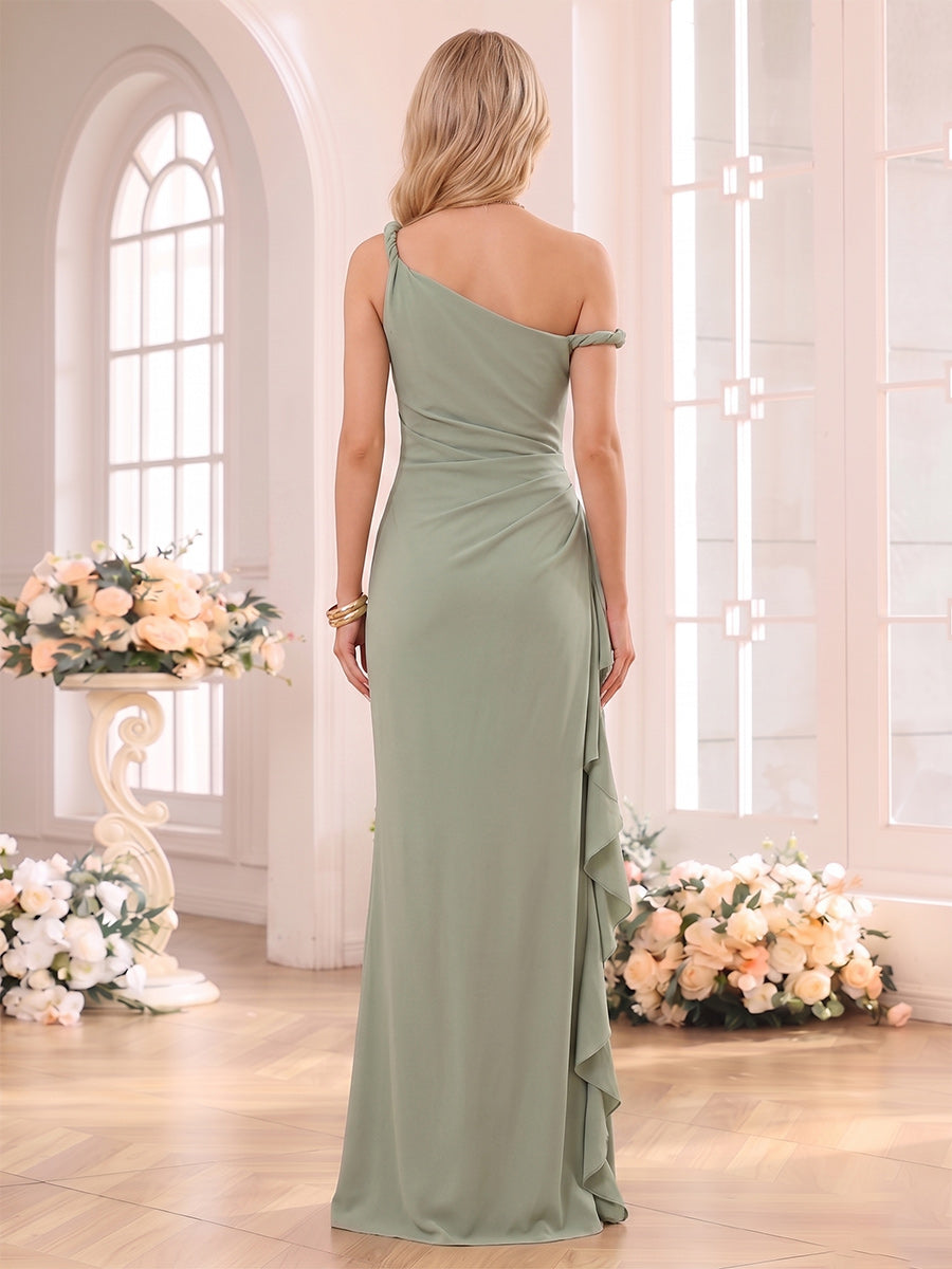 Sheath/Column One-Shoulder Sleeveless Floor-Length Bridesmaid Dresses with Ruched & Ruffles