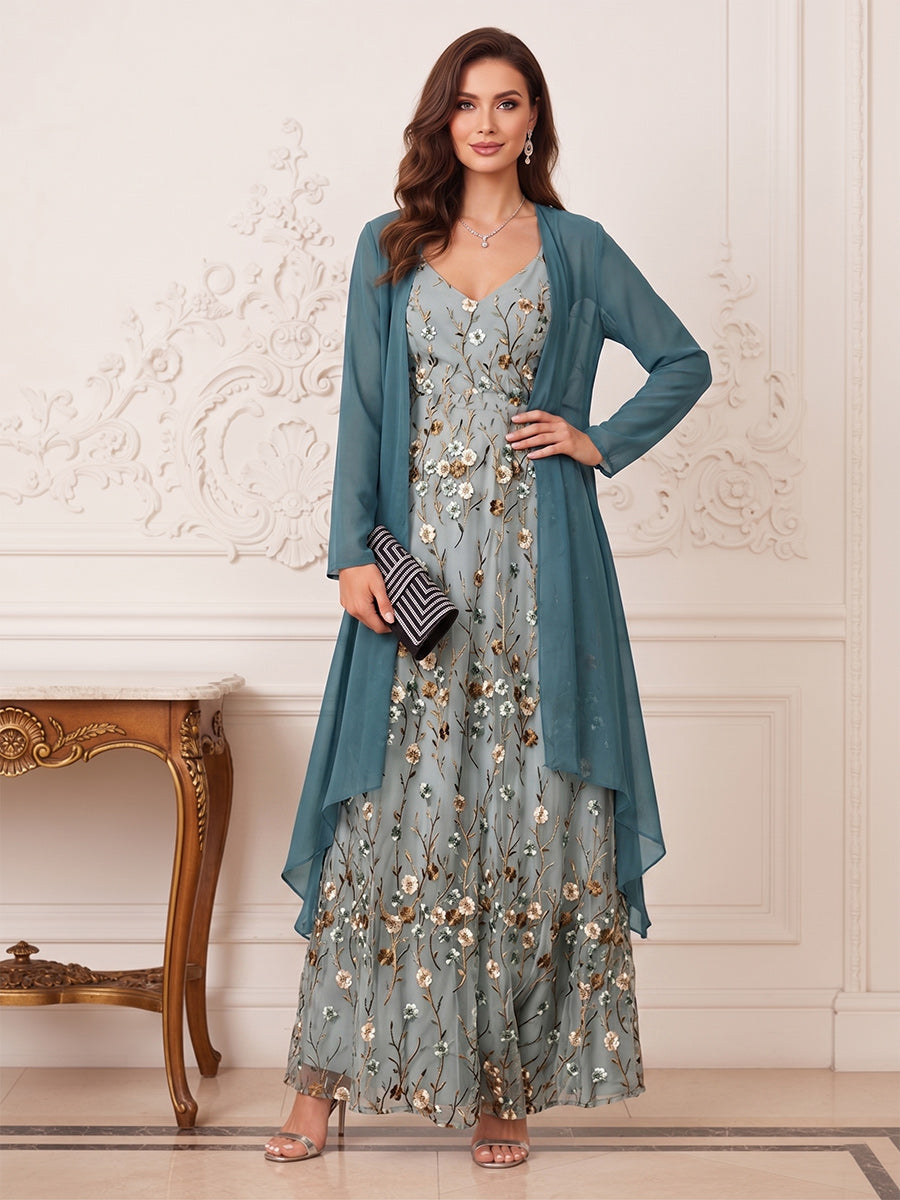 A-Line/Princess V-Neck Long Sleeves Ankle-Length Mother of the Bride Dresses with Jacket & Applique