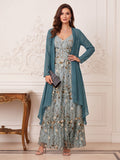 A-Line/Princess V-Neck Long Sleeves Ankle-Length Mother of the Bride Dresses with Jacket & Applique