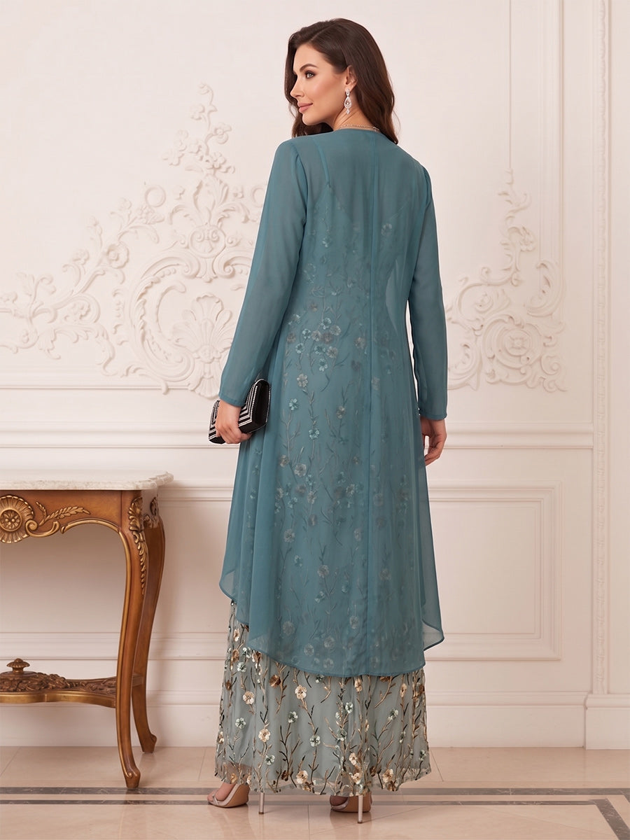 A-Line/Princess V-Neck Long Sleeves Ankle-Length Mother of the Bride Dresses with Jacket & Applique