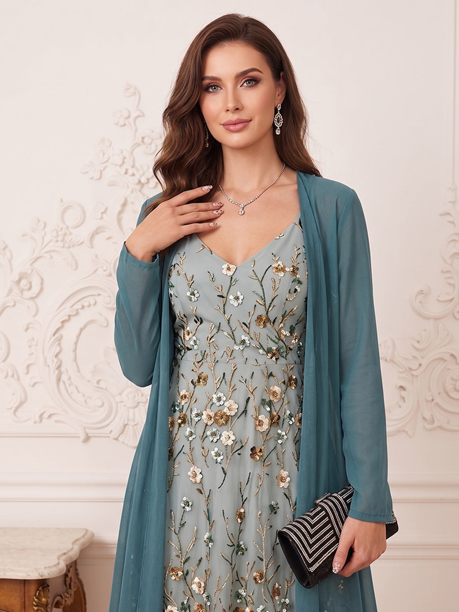A-Line/Princess V-Neck Long Sleeves Ankle-Length Mother of the Bride Dresses with Jacket & Applique