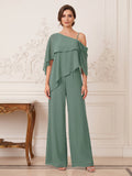 Jumpsuit 2 Pieces One-Shoulder Cap Sleeves Floor-Length Mother of the Bride Dresses with Ruffles
