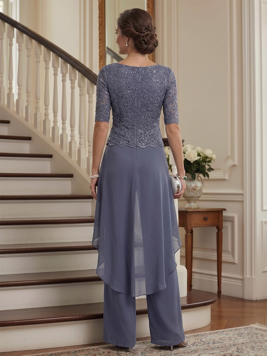 Jumpsuit 2 Pieces Scoop Half Sleeves Floor-Length Mother of the Bride Dresses with Applique & Belt