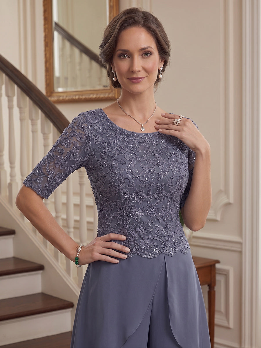 Jumpsuit 2 Pieces Scoop Half Sleeves Floor-Length Mother of the Bride Dresses with Applique & Belt