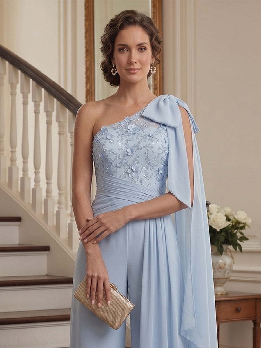Jumpsuit 2 Pieces One-Shoulder Sleeveless Floor-Length Mother of the Bride Dresses with Bowknot & 3D Floral