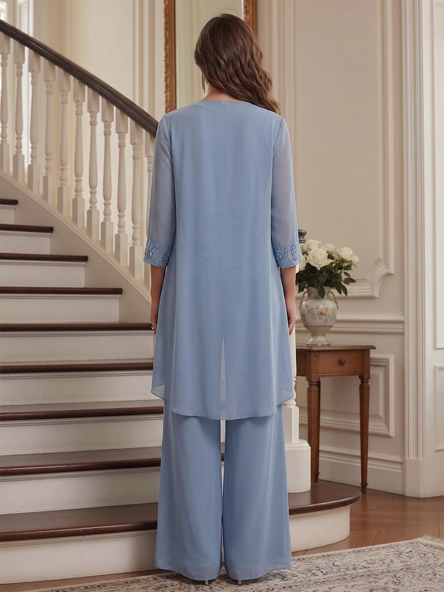 Jumpsuit 3 Pieces Scoop Long Sleeves Floor-Length Mother of the Bride Dresses with Sequins & Applique