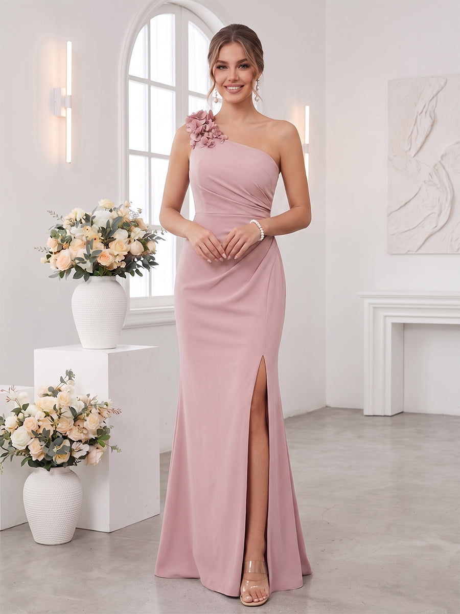 Sheath/Column One-Shoulder Sleeveless Floor-Length Bridesmaid Dresses with 3D Floral & Split Side