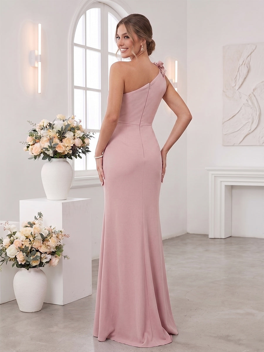 Sheath/Column One-Shoulder Sleeveless Floor-Length Bridesmaid Dresses with 3D Floral & Split Side