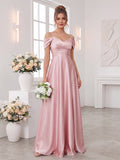 A-Line/Princess Spaghetti Straps Short Sleeves Floor-Length Bridesmaid Dresses with Ruched