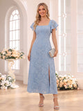 A-Line/Princess Square Neck Short Sleeves Tea-Length Bridesmaid Dresses with Split Side & Ruffles